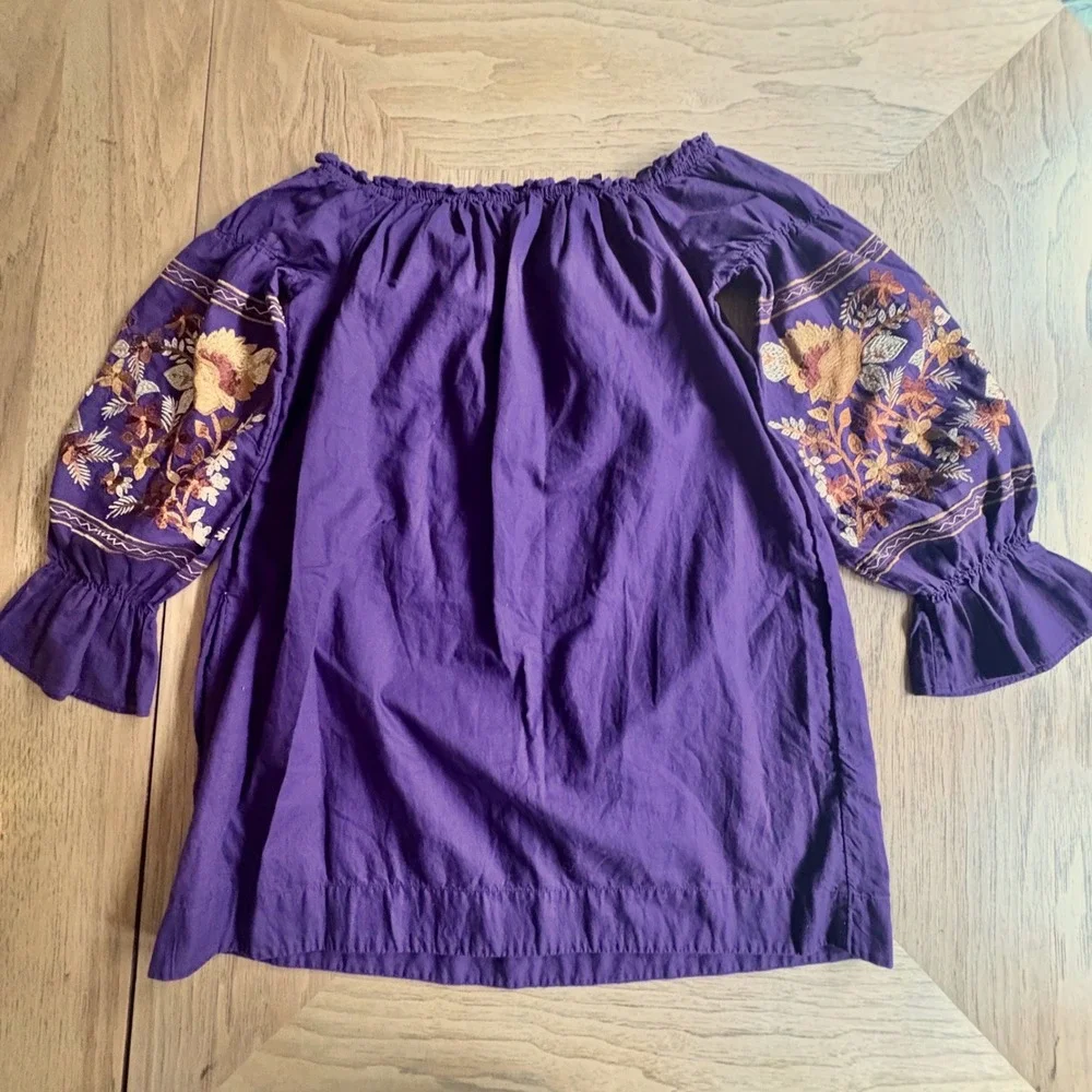 $148 FREE PEOPLE Purple Floral Embroidered Peasant Off Shoulder Dress Tunic‎ XS